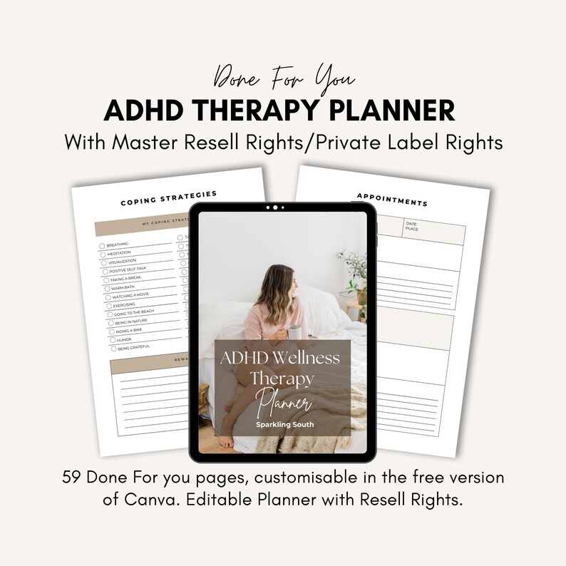 ADHD Therapy Planner mockup on tablet screen, Sparkling South Canva template with Master Resell Rights and Private Label Rights