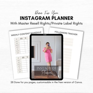 May include: A digital planner for Instagram with a weekly content schedule and followers tracker. The planner is customizable in Canva and includes 28 pages. The image shows a woman taking a selfie with her phone.