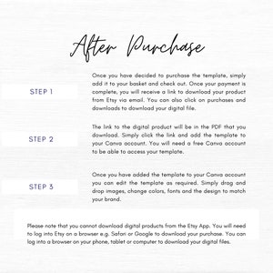 May include: A white background with black text explaining the steps to download a digital product after purchase. The text includes the steps: 1. Add to basket and check out, 2. Download the PDF and click the link, 3. Add the template to your Canva account. The text also includes a note that you cannot download digital products from the Etsy app.