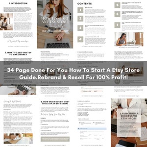 34 page How to Start an Etsy Store Guide, rebrand and resell for 100 percent profit Canva template with PLR