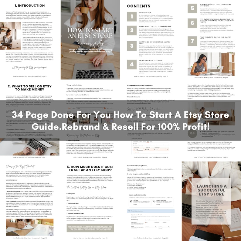 34 page How to Start an Etsy Store Guide, rebrand and resell for 100 percent profit Canva template with PLR