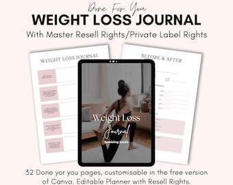 May include: A digital planner for weight loss with 32 pages. The planner is customizable in Canva and includes a before and after section. The cover features a woman in a yoga pose with the text "Weight Loss Journal" and "Sparkling South".