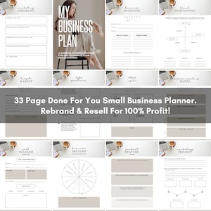 33 page Small Business Planner with marketing checklist, target market and brand positioning pages, done for you Canva template
