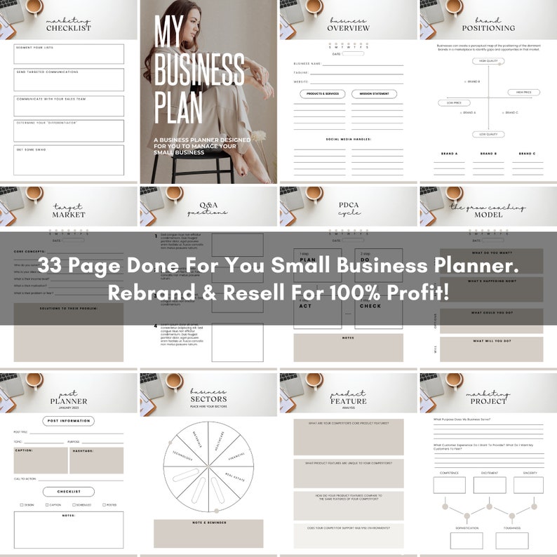 33 page Small Business Planner with marketing checklist, target market and brand positioning pages, done for you Canva template