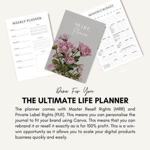 K&ouml;nnte beinhalten: Drei druckbare Planerseiten: ein Wochenplaner, ein monatliches Budgetblatt und ein Journal mit dem Titel "MY LIFE Planner" mit rosa Blumen. Der Text "THE ULTIMATE LIFE PLANNER" ist ebenfalls sichtbar.