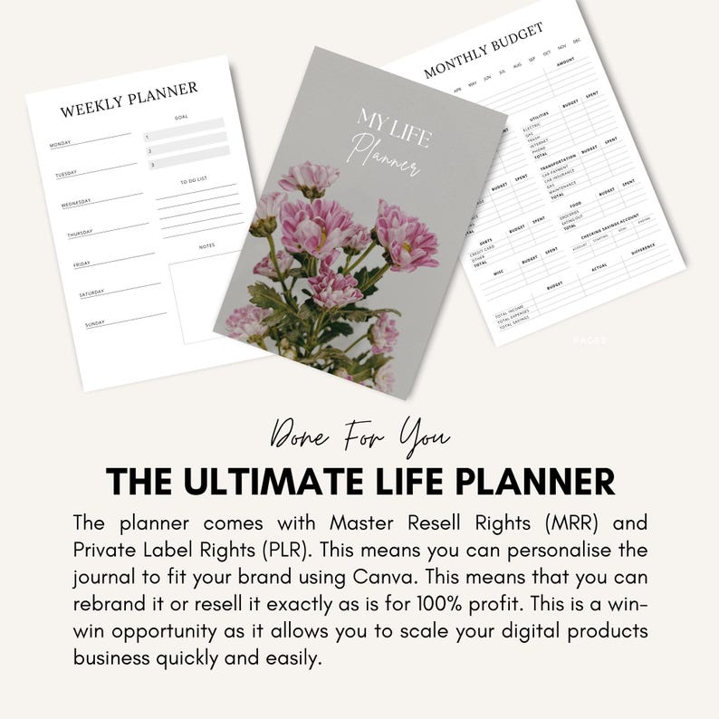 K&ouml;nnte beinhalten: Drei druckbare Planerseiten: ein Wochenplaner, ein monatliches Budgetblatt und ein Journal mit dem Titel "MY LIFE Planner" mit rosa Blumen. Der Text "THE ULTIMATE LIFE PLANNER" ist ebenfalls sichtbar.