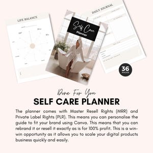 May include: A digital planner with a black and white design featuring the text "Self Care Planner" and a woman in a white bathrobe relaxing in a bathtub. The planner includes 36 pages and is designed to help people prioritize self-care.