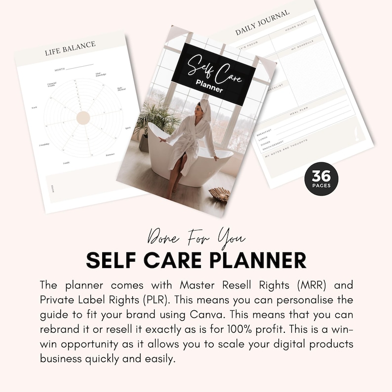 May include: A digital planner with a black and white design featuring the text "Self Care Planner" and a woman in a white bathrobe relaxing in a bathtub. The planner includes 36 pages and is designed to help people prioritize self-care.