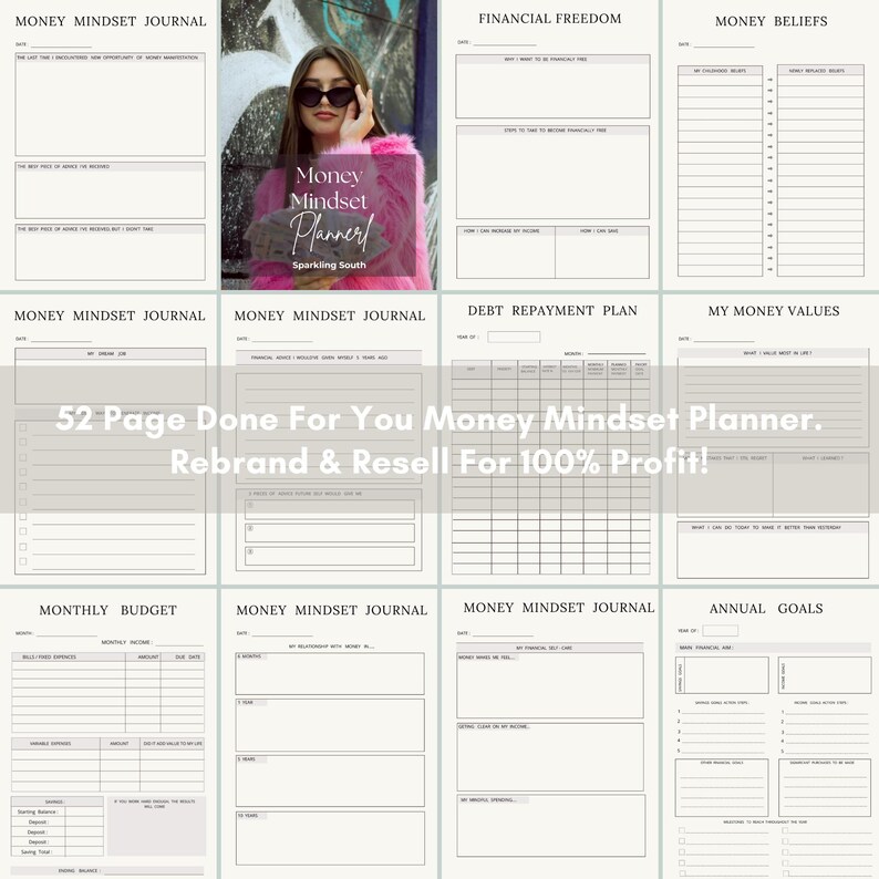 Pode incluir: Um planejador imprim&iacute;vel preto e branco com o texto "Money Mindset Planner" e "52 Page Done For You Money Mindset Planner. Rebrand & Resell For 100% Profit!" O planejador inclui se&ccedil;&otilde;es para liberdade financeira, cren&ccedil;as sobre dinheiro, plano de pagamento de d&iacute;vidas, meus valores sobre dinheiro, or&ccedil;amento mensal, metas anuais e di&aacute;rio de mentalidade sobre dinheiro.