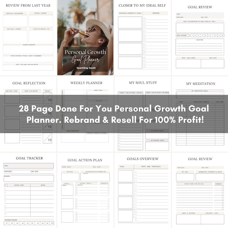 May include: A printable personal growth goal planner with 28 pages. The planner includes sections for goal reflection, weekly planning, soul stuff, meditation, goal tracking, action planning, goals overview, and goal review. The planner is designed to help people set and achieve their goals.