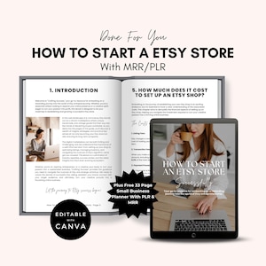 May include: An open book and a tablet display the title "How to Start an Etsy Store" with the text "Done For You" and "With MRR/PLR." The book's pages show introductory text. The tablet displays the title and a woman using a laptop.