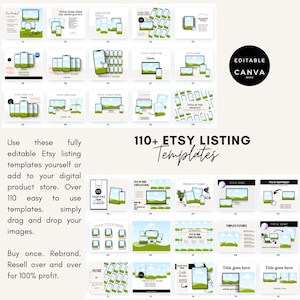 May include: A collection of 110+ editable Etsy listing templates for digital products. The templates feature a green landscape background with a white cloud and a variety of product mockups, including phones, laptops, and tablets. The text "110+ Etsy Listing Templates" is displayed in a large font at the top of the image.