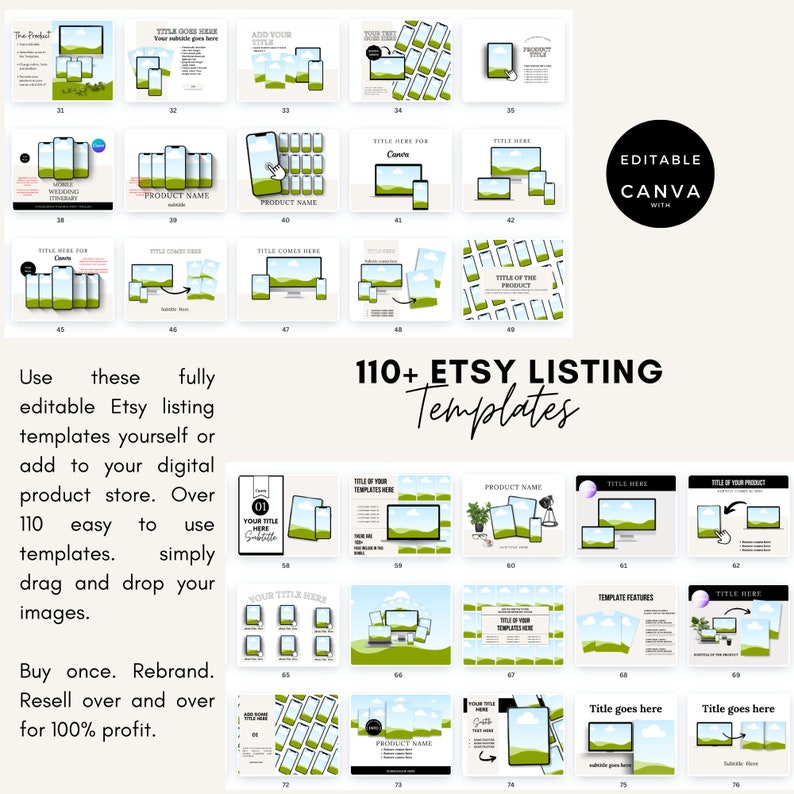 May include: A collection of 110+ editable Etsy listing templates for digital products. The templates feature a green landscape background with a white cloud and a variety of product mockups, including phones, laptops, and tablets. The text "110+ Etsy Listing Templates" is displayed in a large font at the top of the image.