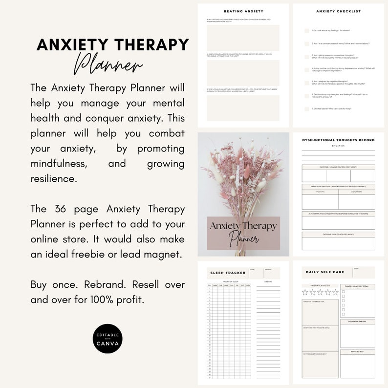 Puede incluir: Un planificador de terapia contra la ansiedad imprimible con un dise&ntilde;o floral rosa y blanco. El planificador incluye secciones para vencer la ansiedad, una lista de verificaci&oacute;n, un registro de pensamientos disfuncionales, un seguimiento del sue&ntilde;o y el cuidado personal diario. El texto "Anxiety Therapy Planner" aparece en la portada.