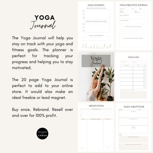 May include: A printable yoga journal with a white background and black text. The journal includes sections for yoga practice, yoga journey, yoga log, meditation, and daily gratitude. The cover features a woman doing yoga in front of a green plant.