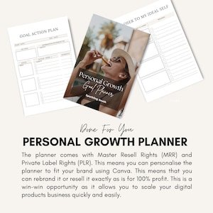 May include: A printable personal growth planner with a white background and black text. The planner includes sections for goal setting, action planning, and personal reflection. The cover features a woman with sunglasses and a straw hat, holding a piece of fruit. The text on the cover reads "Personal Growth Goal Planner" and "Sparkling South".