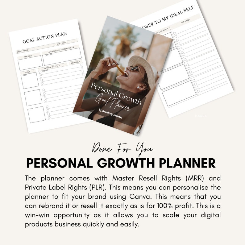 May include: A printable personal growth planner with a white background and black text. The planner includes sections for goal setting, action planning, and personal reflection. The cover features a woman with sunglasses and a straw hat, holding a piece of fruit. The text on the cover reads "Personal Growth Goal Planner" and "Sparkling South".