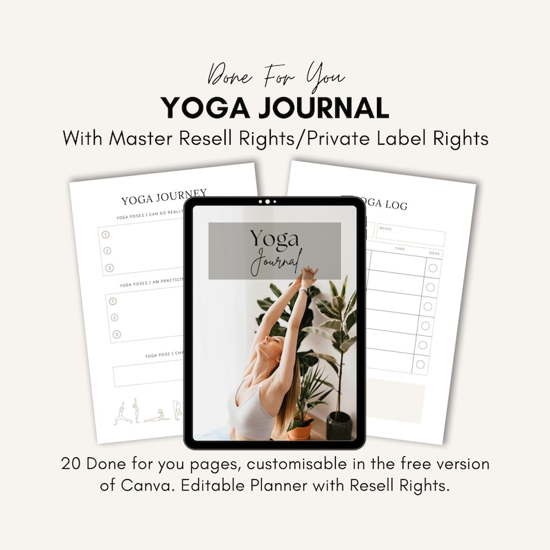 May include: A digital tablet mockup displaying a yoga journal template with the text "Yoga Journal" in a black and white color scheme. The template includes sections for yoga poses, a yoga log, and a yoga journey. The tablet is on a white background with a plant in the background.