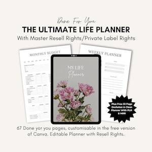 K&ouml;nnte beinhalten: Ein digitaler Lebensplaner mit dem Text "THE ULTIMATE LIFE PLANNER" und "MY LIFE Planner". Das Bild enth&auml;lt ein Tablet mit rosa Blumen, ein monatliches Budgetblatt und ein w&ouml;chentliches Planungsblatt. Enth&auml;lt 67 Seiten.