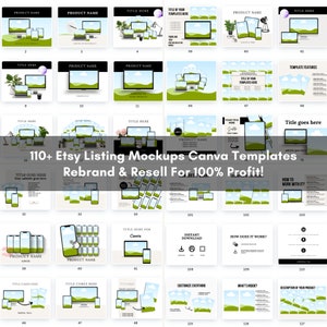 May include: A collection of 110+ Etsy listing mockups and Canva templates for rebranding and reselling. The image shows a variety of mockups featuring different devices, backgrounds, and text layouts. The text "110+ Etsy Listing Mockups Canva Templates Rebrand & Resell For 100% Profit!" is displayed in bold, white text on a blue background.
