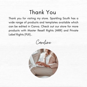 Thank you slide from Sparkling South Etsy shop, Caroline on laptop, promoting Canva templates with MRR and PLR digital products