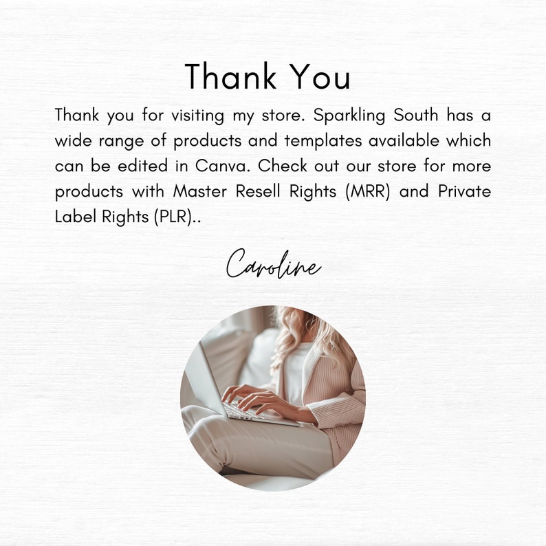 Thank you slide from Sparkling South Etsy shop, Caroline on laptop, promoting Canva templates with MRR and PLR digital products