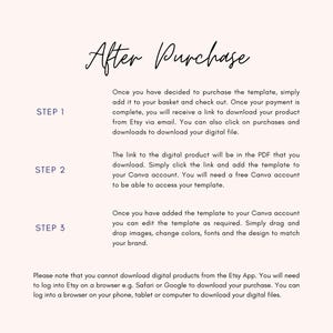 May include: A digital product purchase guide with the title "After Purchase" in elegant script. The steps are numbered and explain how to download a template from Etsy, including accessing the link via email and editing in Canva.