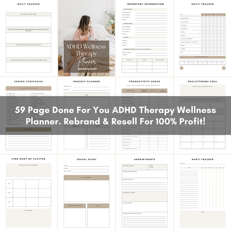 39 page done for you ADHD Therapy Wellness Planner with daily trackers, coping strategies and habit tracker, Canva template rebrand and resell for 100 percent profit
