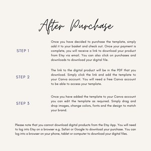 May include: A digital product purchase guide with the title "After Purchase" in elegant script. The steps are numbered and include instructions on downloading the product from Etsy, adding it to a Canva account, and editing the template. The background is a soft cream color.