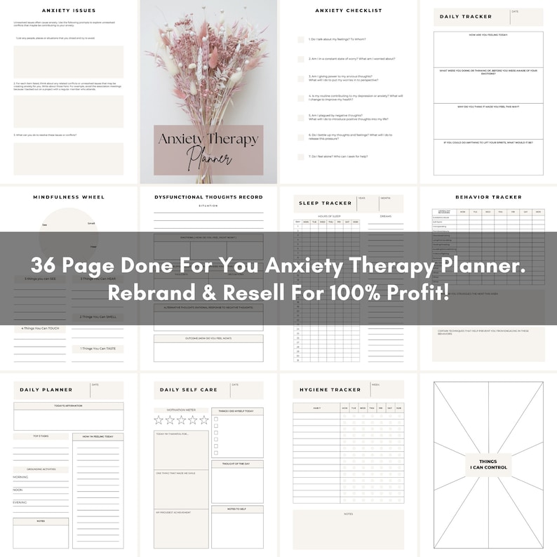 Puede incluir: Un planificador de terapia de ansiedad imprimible de 36 p&aacute;ginas con un dise&ntilde;o floral rosa. El planificador incluye secciones para el seguimiento diario, el seguimiento del sue&ntilde;o, el seguimiento del comportamiento, la atenci&oacute;n plena, los pensamientos disfuncionales y m&aacute;s.