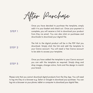 K&ouml;nnte beinhalten: Ein cremefarbener digitaler Download-Leitfaden mit dem Titel &bdquo;Nach dem Kauf&ldquo; mit Anweisungen in einer Serifenschrift. Die Schritte umfassen das Herunterladen von Etsy, das Hinzuf&uuml;gen zu Canva und das Bearbeiten der Vorlage. Der Leitfaden r&auml;t vom Herunterladen &uuml;ber die Etsy-App ab.