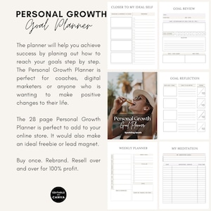 May include: A printable personal growth goal planner with sections for goal review, goal reflection, weekly planner, and meditation. The planner is designed to help you achieve success by planning out how to reach your goals step by step. The text "Personal Growth Goal Planner" is featured on the cover.