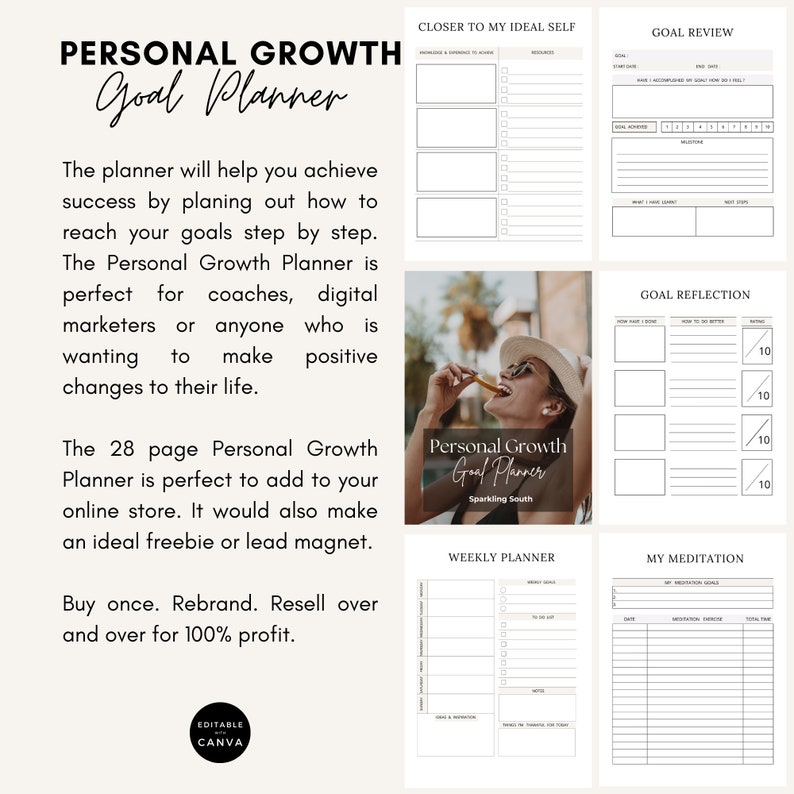 May include: A printable personal growth goal planner with sections for goal review, goal reflection, weekly planner, and meditation. The planner is designed to help you achieve success by planning out how to reach your goals step by step. The text "Personal Growth Goal Planner" is featured on the cover.
