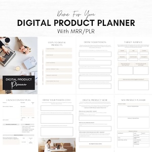 May include: A digital product planner with a beige background and black text. The planner includes sections for defining your passion, target audience, launch content plan, and new product planner. The planner is designed to help you create and launch digital products.