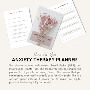 Puede incluir: Un planificador imprimible rosa y blanco con el texto "Anxiety Therapy Planner" y "Done For You" sobre un fondo blanco. El planificador incluye una lista de verificaci&oacute;n y una secci&oacute;n para "Going with the Flow".