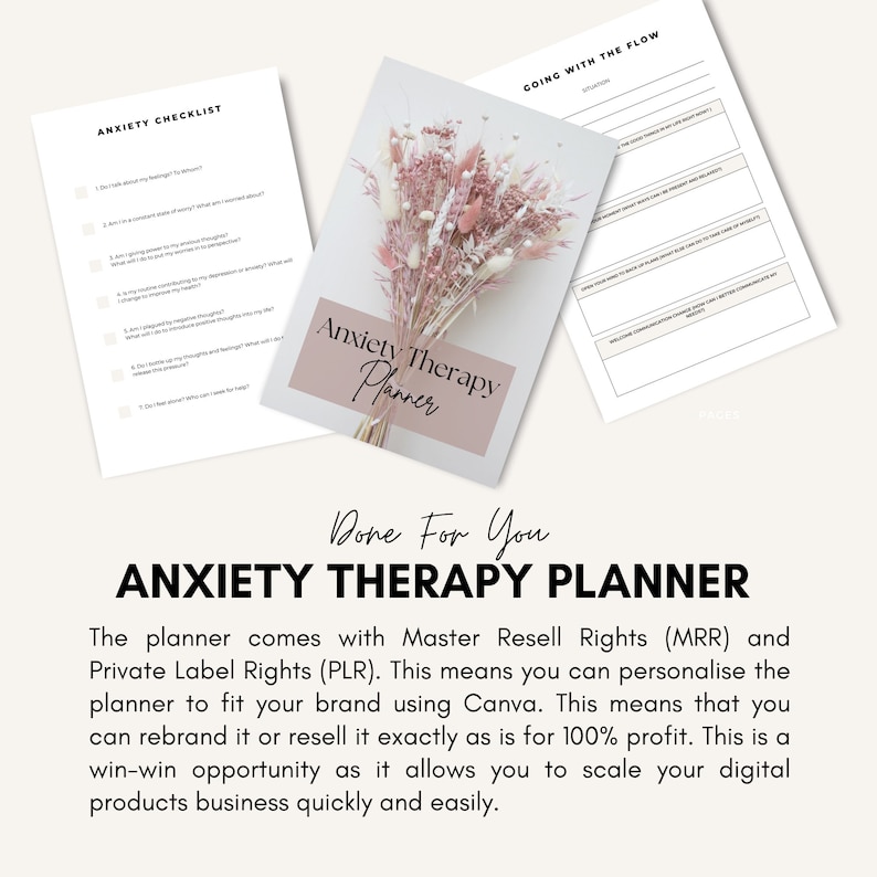 Puede incluir: Un planificador imprimible rosa y blanco con el texto "Anxiety Therapy Planner" y "Done For You" sobre un fondo blanco. El planificador incluye una lista de verificaci&oacute;n y una secci&oacute;n para "Going with the Flow".
