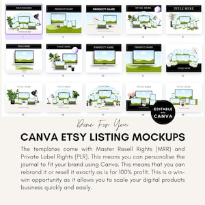 May include: A set of 19 customizable Etsy listing mockups for digital products. The mockups feature various devices, including laptops, tablets, and phones, showcasing a green landscape background. The mockups are editable with Canva and include text boxes for titles, product names, and descriptions.