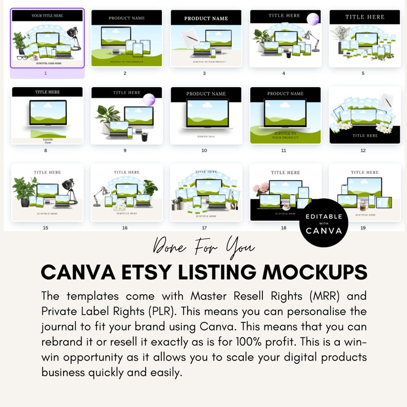 May include: A set of 19 customizable Etsy listing mockups for digital products. The mockups feature various devices, including laptops, tablets, and phones, showcasing a green landscape background. The mockups are editable with Canva and include text boxes for titles, product names, and descriptions.