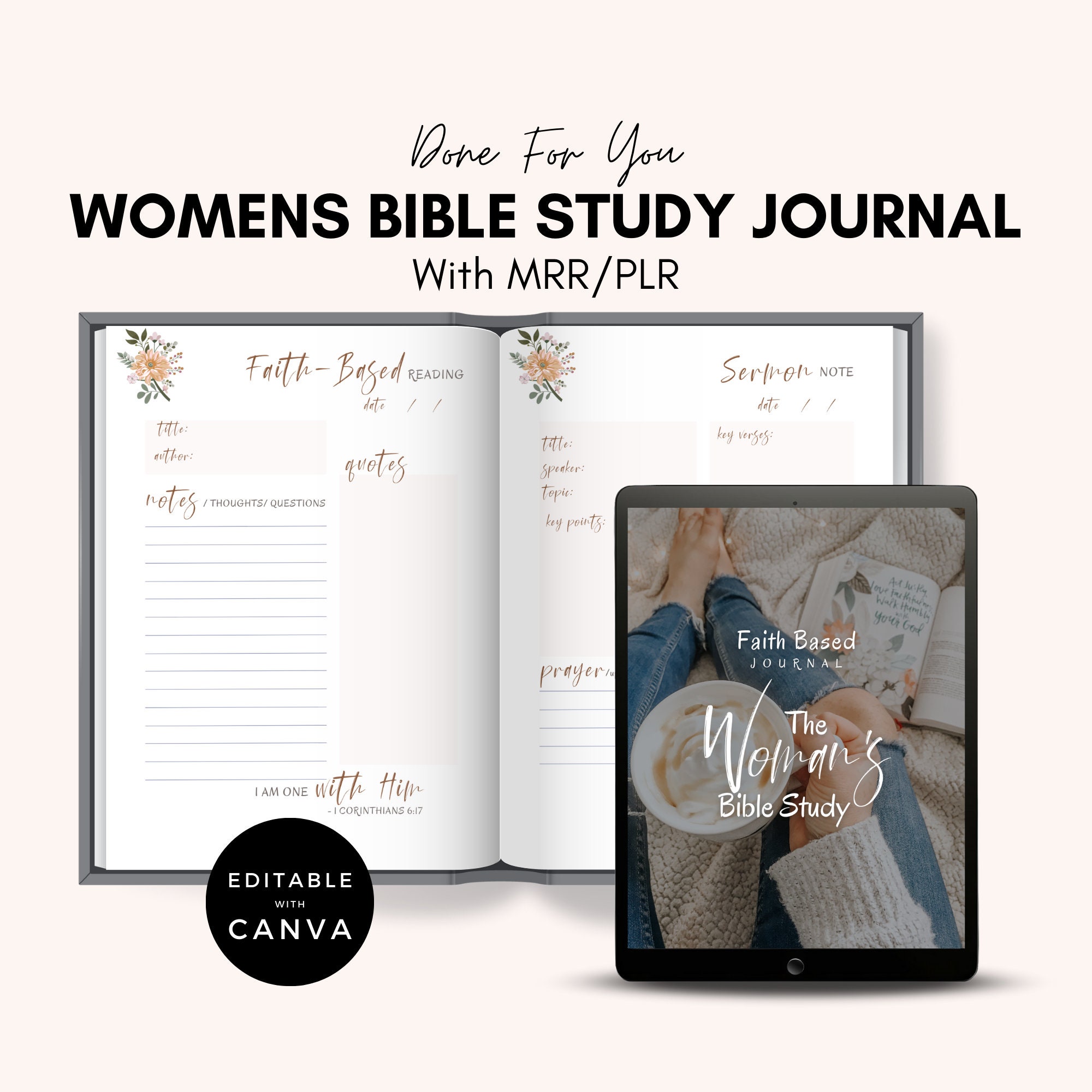 Prayer Journal With PLR | Master Resell Rights | PLR Planner | Devotional Journal | Bible Study Guide Canva Journal Template For Women.