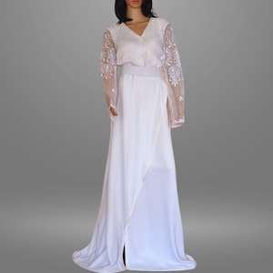 Silk Satin Boho Wedding Dress – Elegant Embroidery & Slit Skirt – Civil or Elegant Wedding Dress