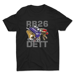 May include: Black t-shirt with a graphic of a purple and gold engine with the text "RB26 DETT" in grey.