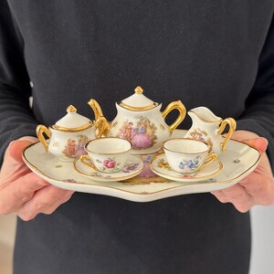 Vintage Limoges France Miniature Tea Set 10 Piece Courting Couple Pattern Bone China  Collectable Dolls House Decor Birthday Xmas Gift Her