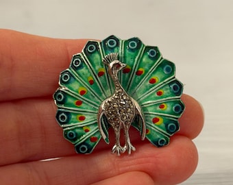 Vintage Silber Ton Pfau Brosche: Grüne Emaille, Strassakzente, Vogel Anstecknadel
