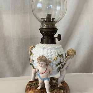 Antique Porcelain German Oil Lamp with Cherubs Floral Housewarming Collectible Birthday Xmas Gift fr Her Him Wife Girlfriend Partner Mum Dad