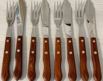 Vintage Prestige Skyline Fish Cutlery & Fish Servers 4 Place Set Stainless Bonded Wood Handled Kitchen Decor Collectible Birthday Xmas Gift