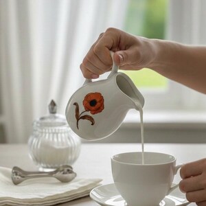 Può includere: Una lattiera in ceramica bianca con un motivo a fiore di papavero versa liquido in una tazza da tè bianca su un piattino. Una zuccheriera, due cucchiai e un tovagliolo piegato sono sul tavolo.