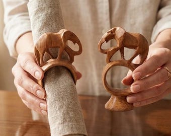 Vintage Hand Carved Wooden Elephant Napkin Rings | Safari Table Decor (Set of 2)