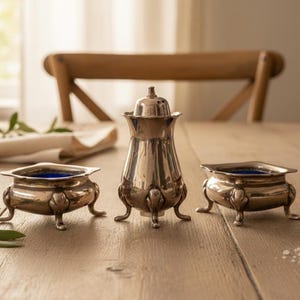 Puede incluir: Un juego de salero y pimentero plateado con un azucarero a juego. El juego incluye dos platos pequeños con interiores azules y un agitador con tapa. Los artículos están sobre una mesa de madera.