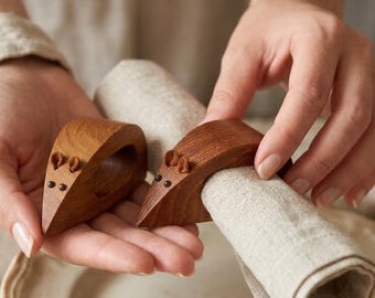 Vintage Burma Teak Mice Napkin Rings Set | Handcrafted Wooden Table Decor