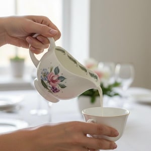 May include: A white porcelain creamer, decorated with floral patterns, pours liquid into a matching teacup. The creamer has a handle and spout, and the cup has a gold rim. The scene is set on a white tablecloth.